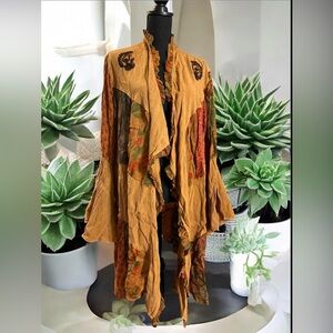 Young Thread rustic bohemian patchwork kimono in a camel multi-color pattern